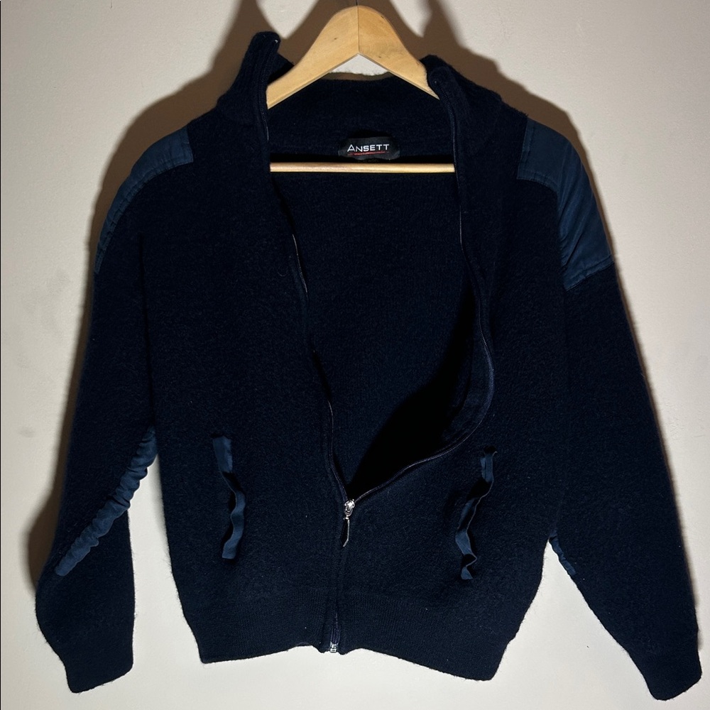 Vintage Ansett Navy Pure New Wool Full Zip Cardigan Jacket‎ Elbow Patches Large
